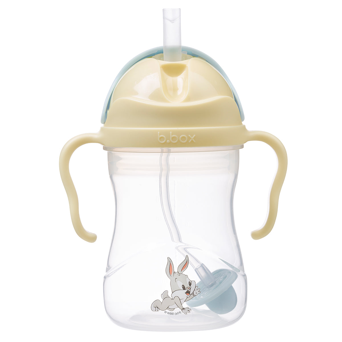 Baby sippy cup with Bugs Bunny cartoon character on a white background