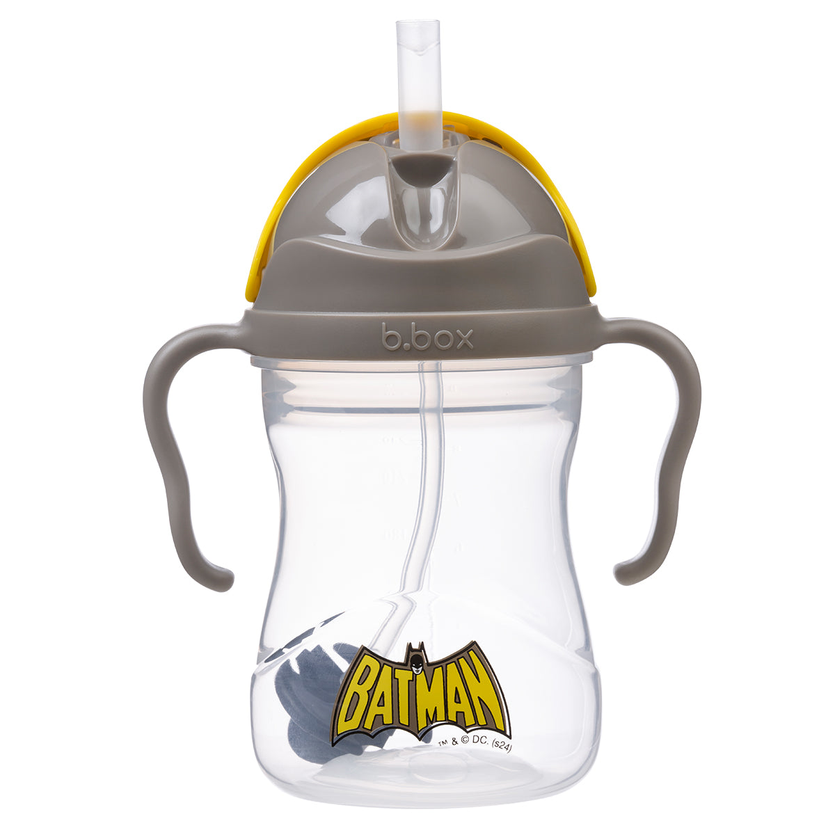 Clear sippy cup with Batman logo and gray handles on a white background
