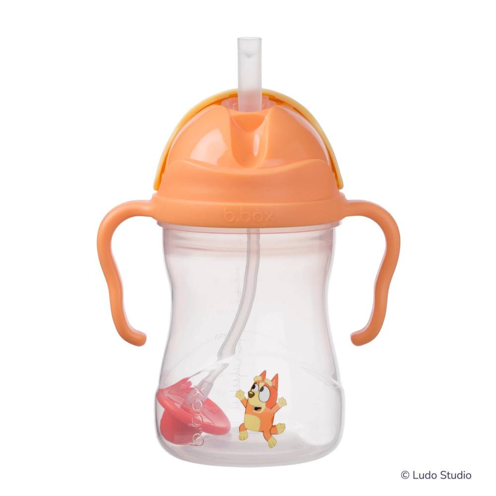 Orange sippy cup with a straw and cartoon character on a white background