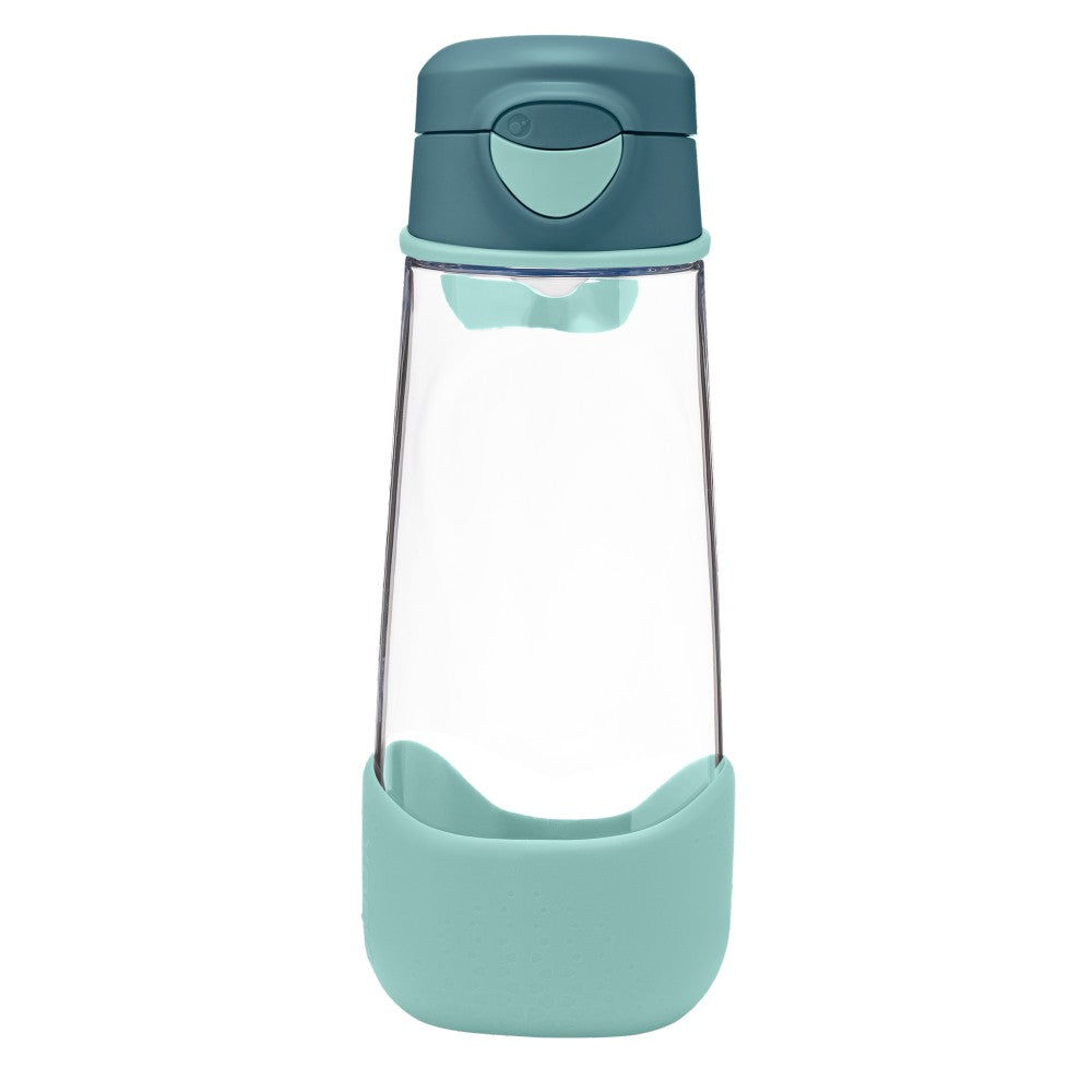 A clear plastic water bottle with a teal flip-top lid and a matching teal protective base sleeve, shown on a plain white background.