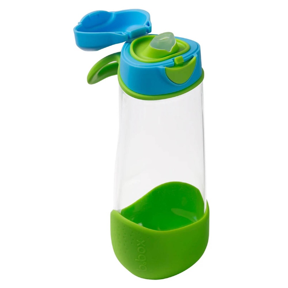Clear water bottle with blue and green accents on a white background