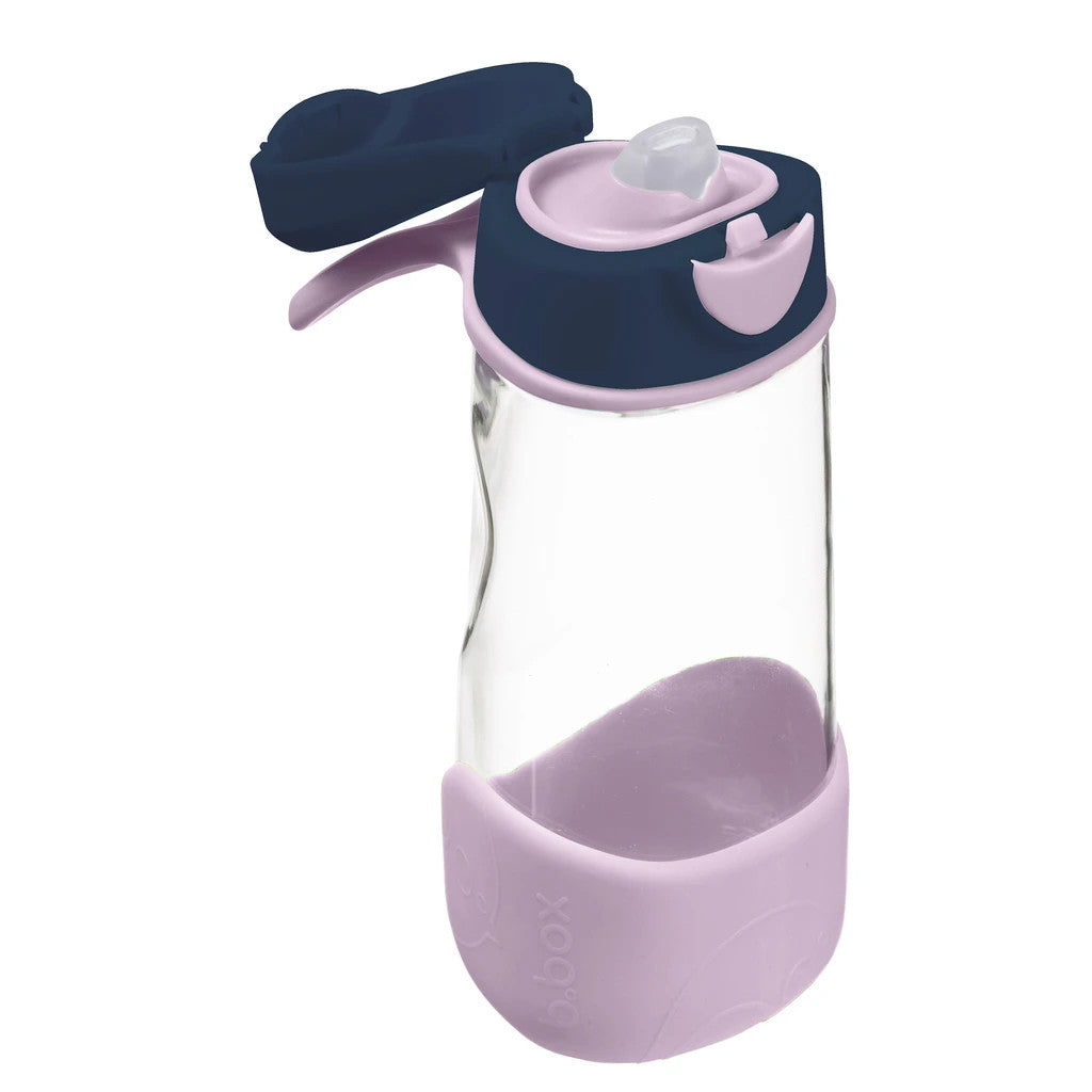 Clear water bottle with navy and pink accents on a white background