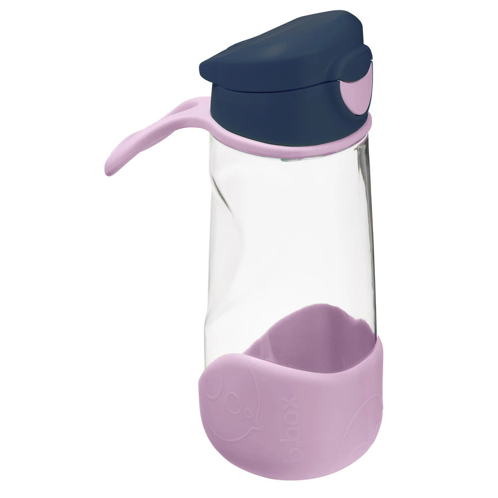 Clear water bottle with navy and pink accents on a white background