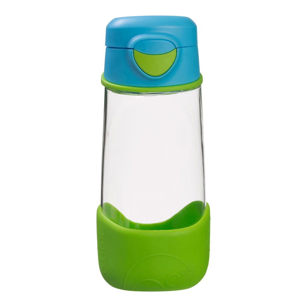 Clear water bottle with blue and green lid and base on a white background