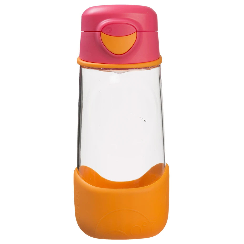 Clear water bottle with pink and orange accents on a white background