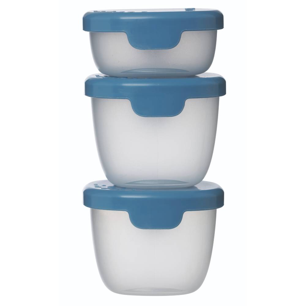 Set of three clear food storage containers with blue lids on a white background