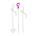 Set of clear plastic straws and a brush with a pink hook on a white background