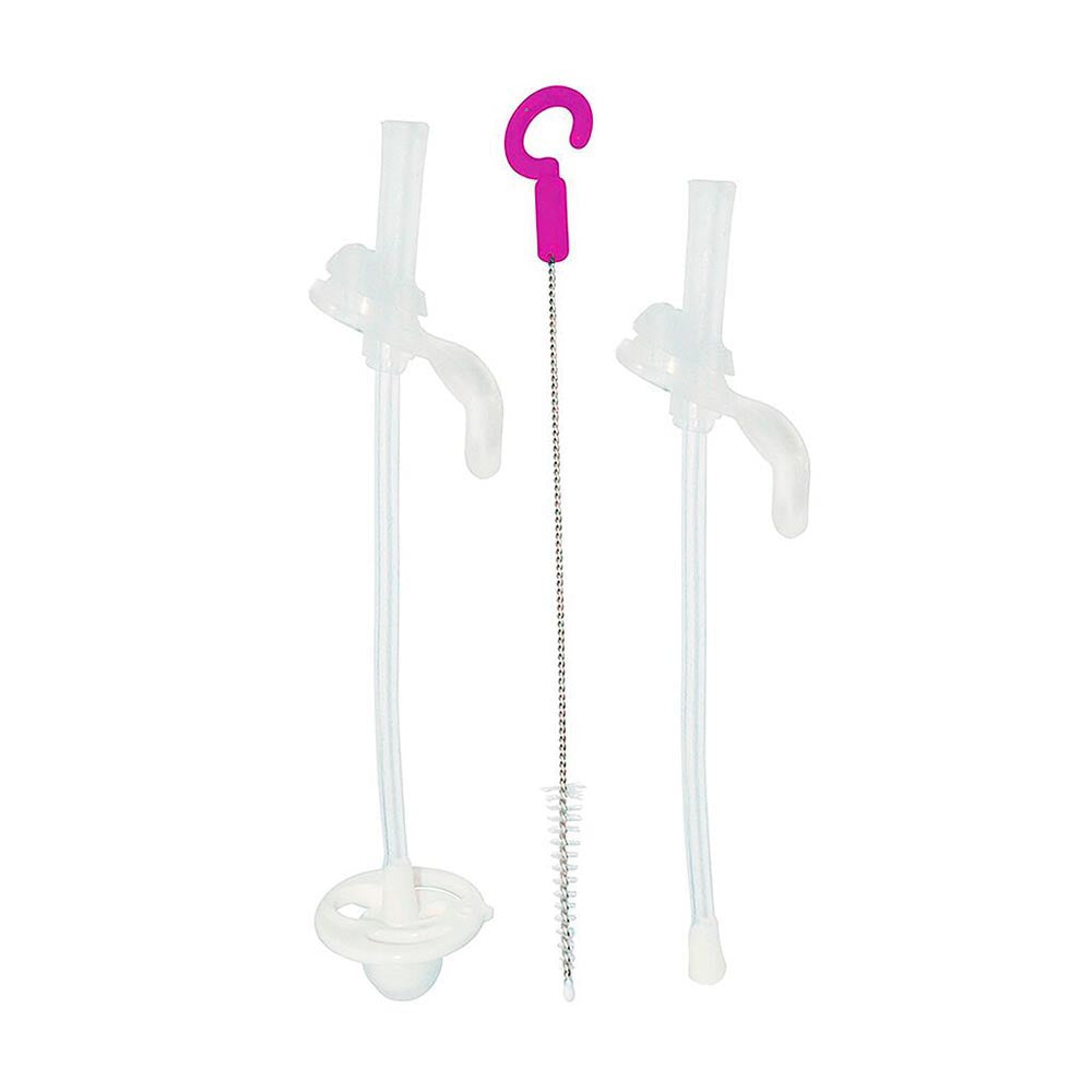 Set of clear plastic straws and a brush with a pink hook on a white background
