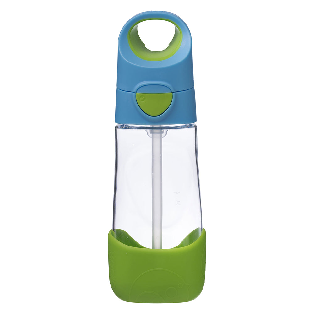 Clear B.BOX water bottle with blue and green accents on a white background