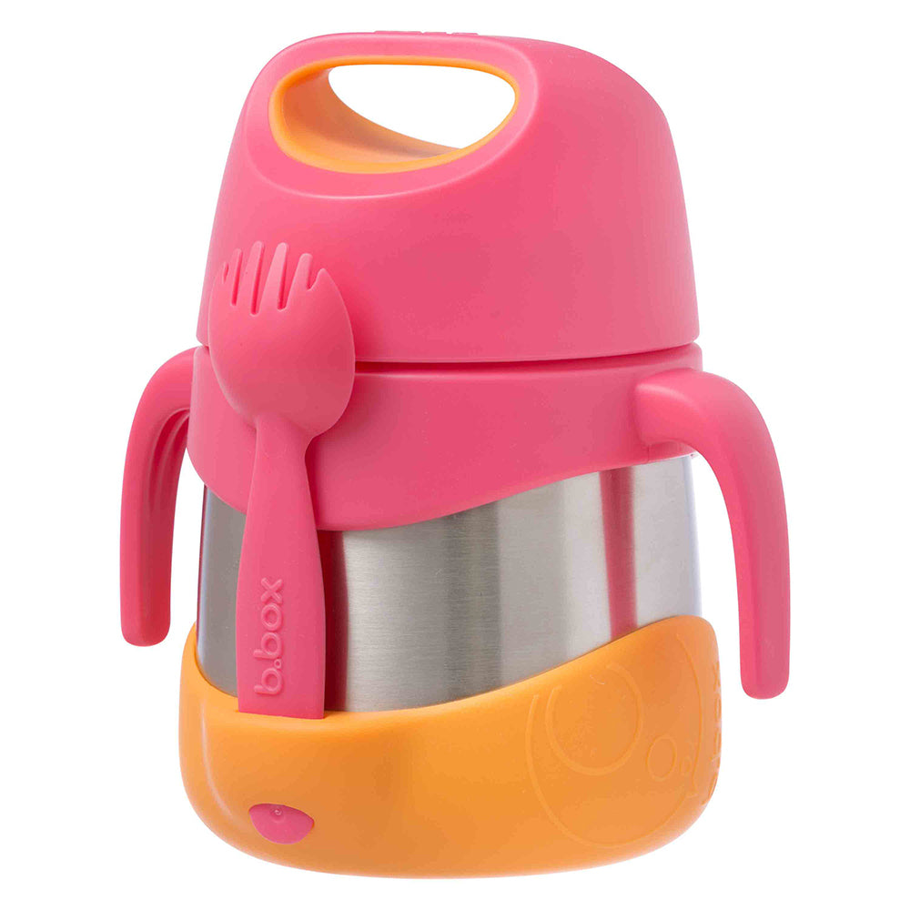 Pink and orange b.box food jar thermos with spoon attachment on a white background