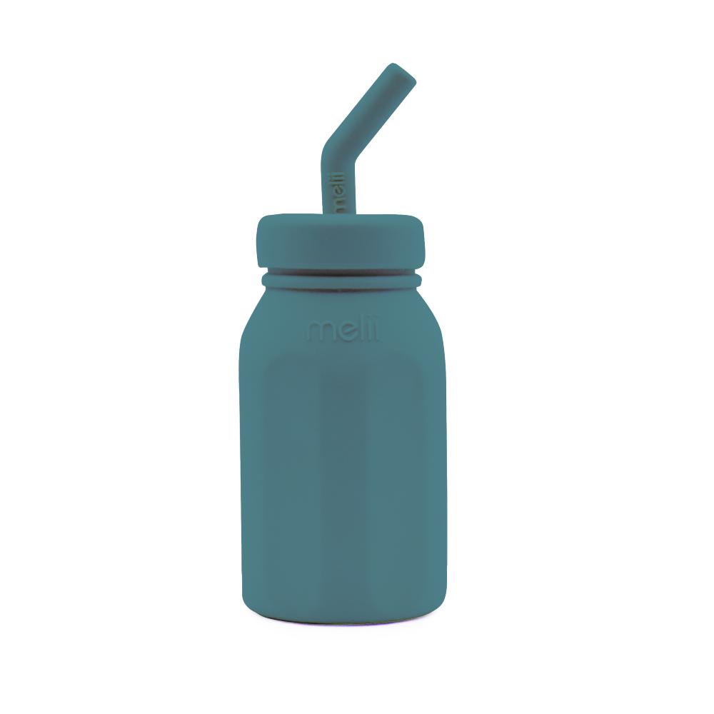 Teal silicone toddler water bottle with straw lid on a white background