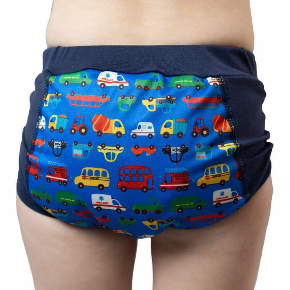 Training pants with colorful vehicle pattern on a white background