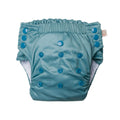 Reusable Nappy pant in blue with snaps on a white background