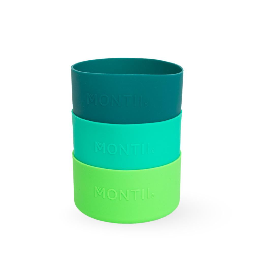 blue and greens large Montiico silicone bumpers for 1l bottles