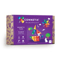 Connetix magnetic tiles packaging with colorful geometric shapes on a purple background