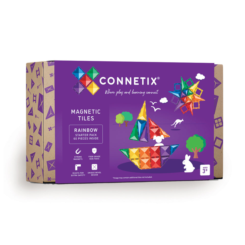 Connetix magnetic tiles packaging with colorful geometric shapes on a purple background
