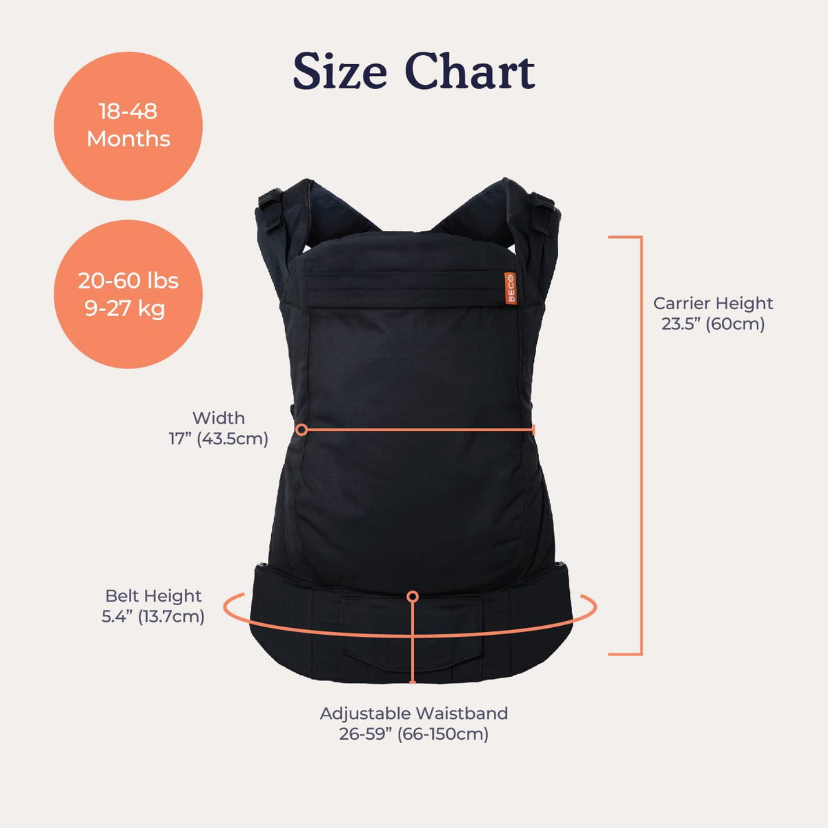 Black Beco Toddler carrier with size chart measurements on a white background