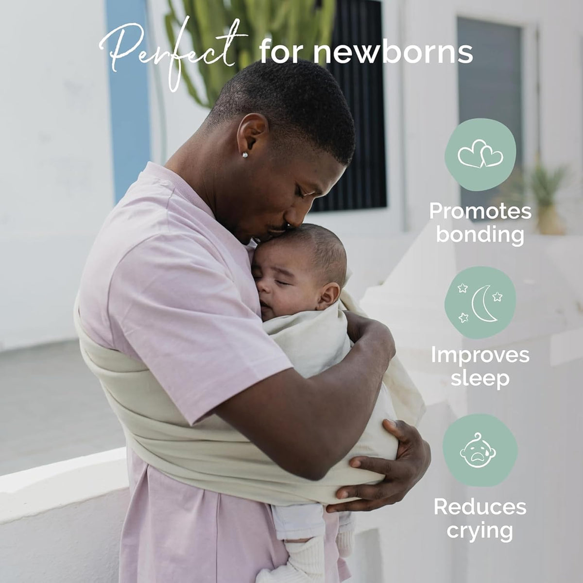 Person holding a baby wrapped in a sling with text about benefits for newborns.