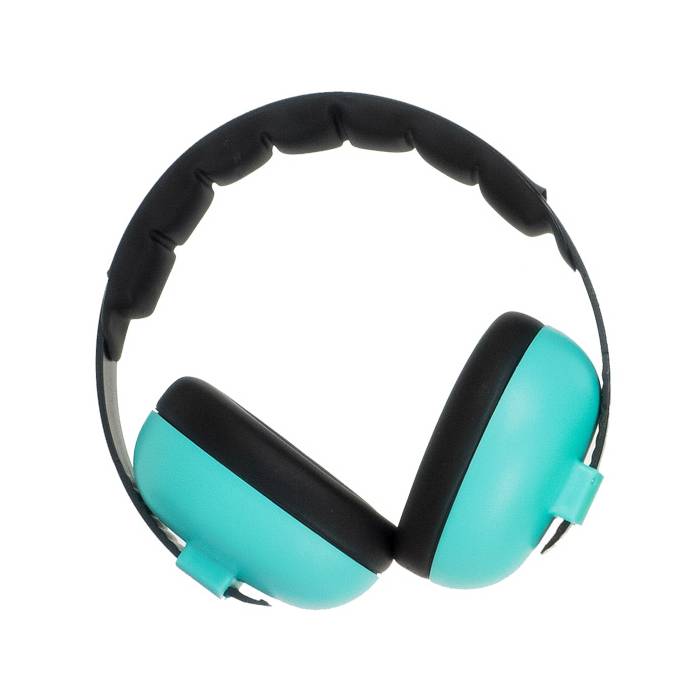 Turquoise and black foam earmuffs on a solid white background.