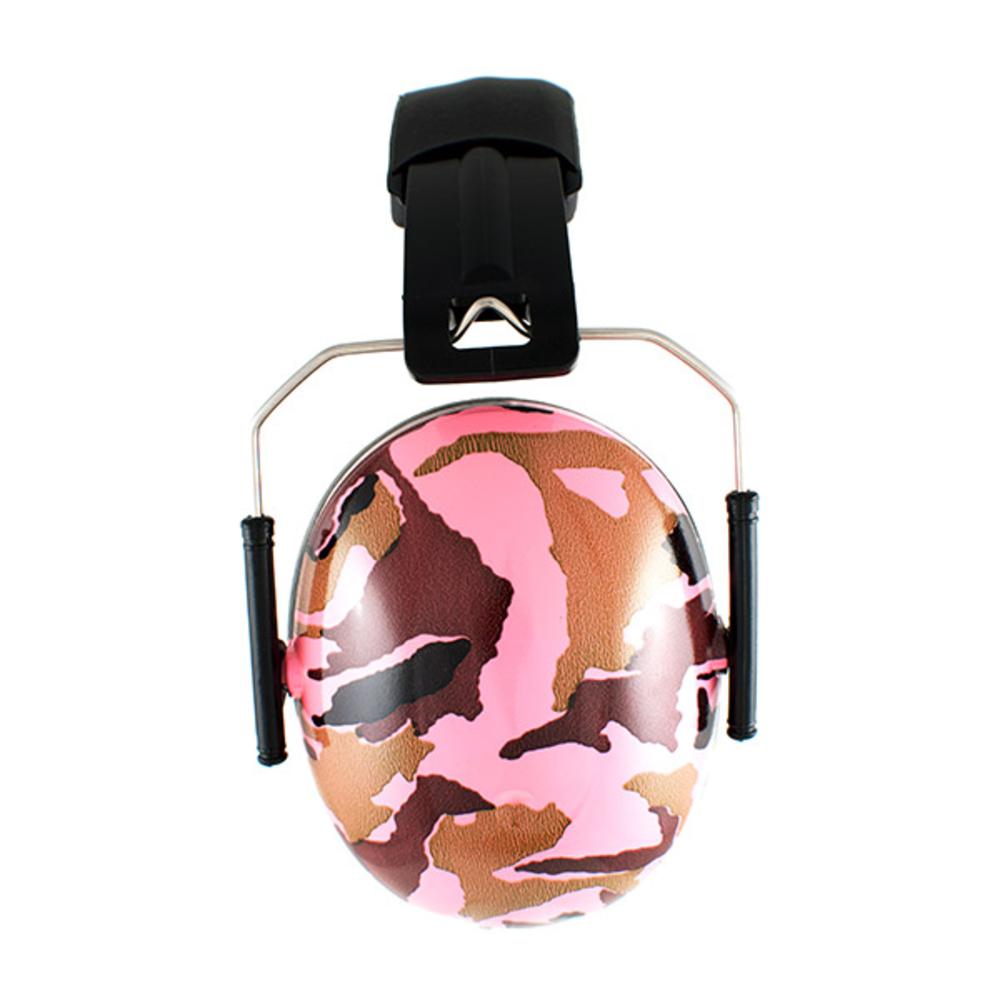 Pink and brown camouflage ear protection on a white background