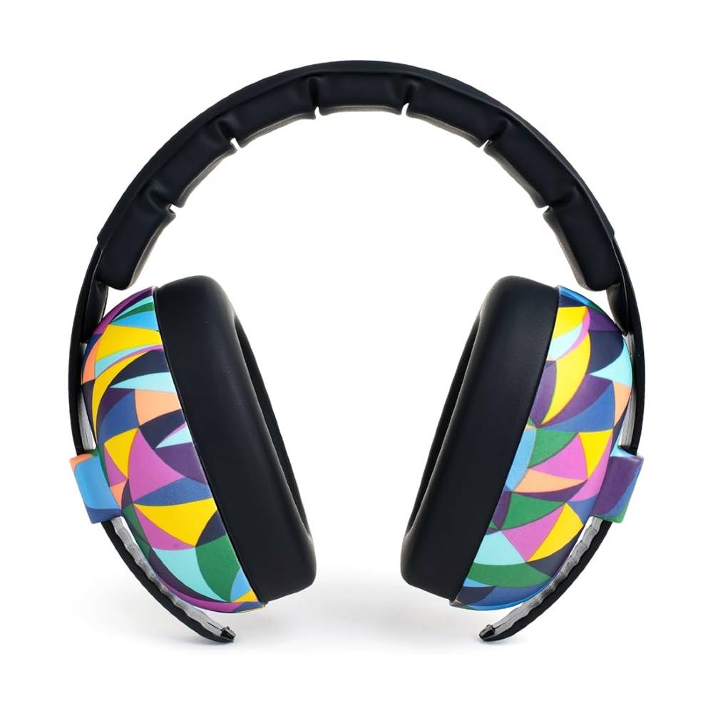 Black over-ear headphones with colorful geometric patterned ear cushions, shown against a plain white background.