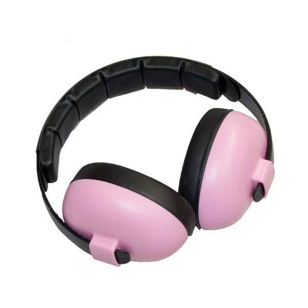 Pink and black over-ear earmuffs on a plain white background.