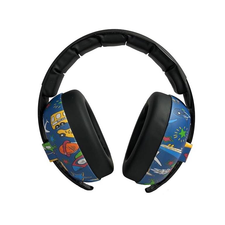 Black over-ear headphones with colorful  dark blue cartoon-patterned earmuffs on a plain white background.