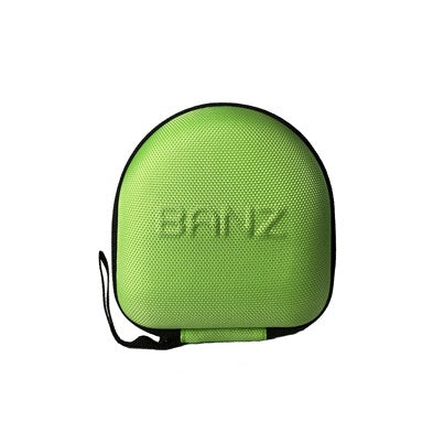 A lime green textured hard case with black trim and a wrist strap, featuring the brand name 'BANZ' embossed on the front, set against a plain white background.