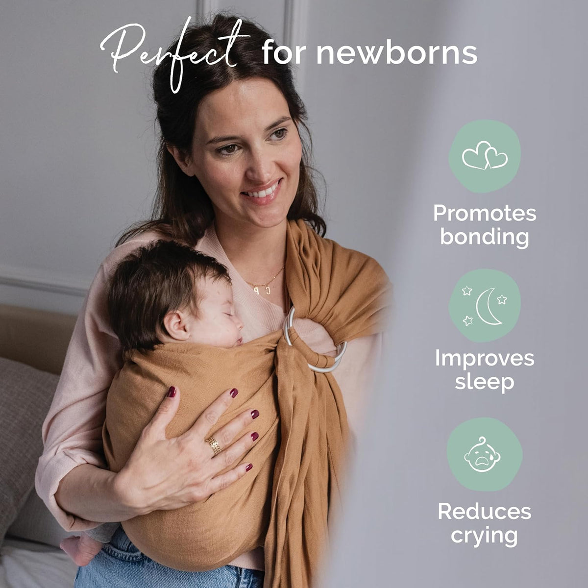 Woman holding a baby in a sling with text about its benefits for newborns.