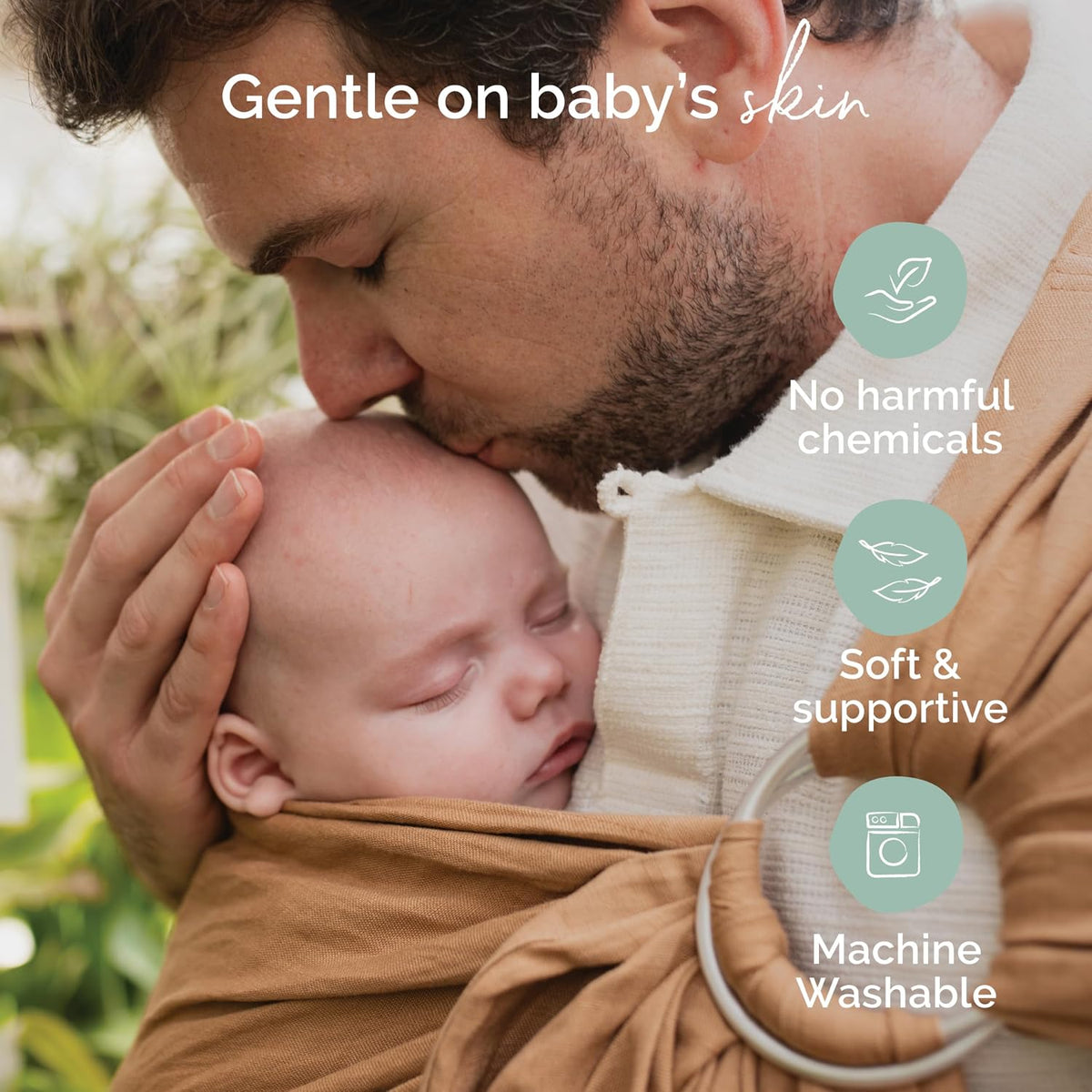 Man holding a baby wrapped in a brown wrap with text about product benefits.