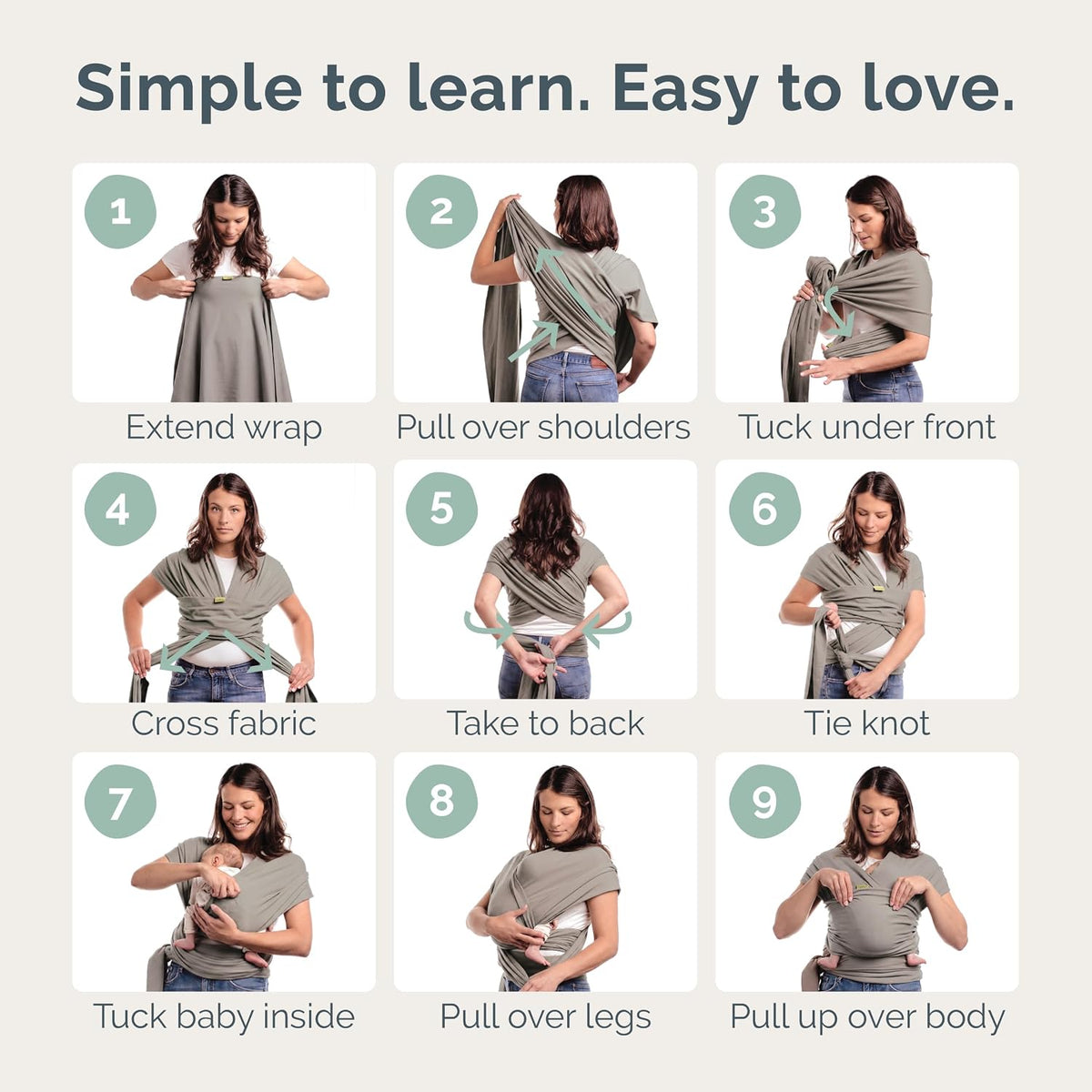 A 9-step instructional graphic showing a woman modeling a baby wrap carrier, with numbered panels and text labels such as Extend wrap, Pull over shoulders, Tuck under front, Cross fabric, Take to back, Tie knot, Tuck baby inside, Pull over legs, and Pull up over body. The top text reads, 'Simple to learn.
