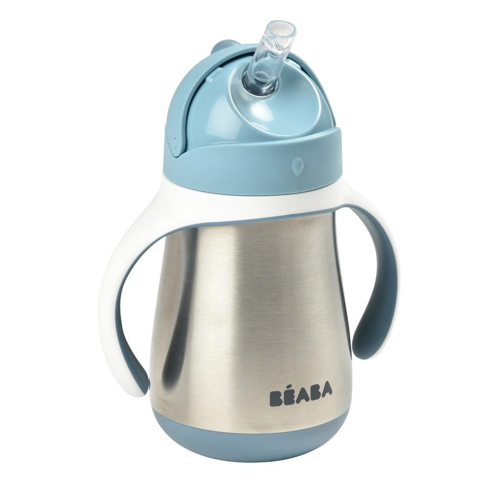 Children's stainless steel sippy cup with blue lid and handle on a white background