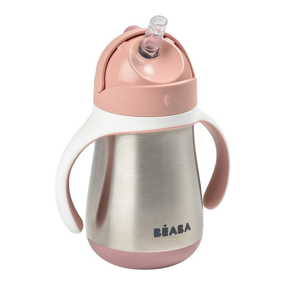 Pink and silver sippy cup with handle and straw on a white background