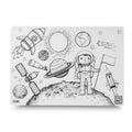 White funny mat with black lined drawings in a space theme on white background 