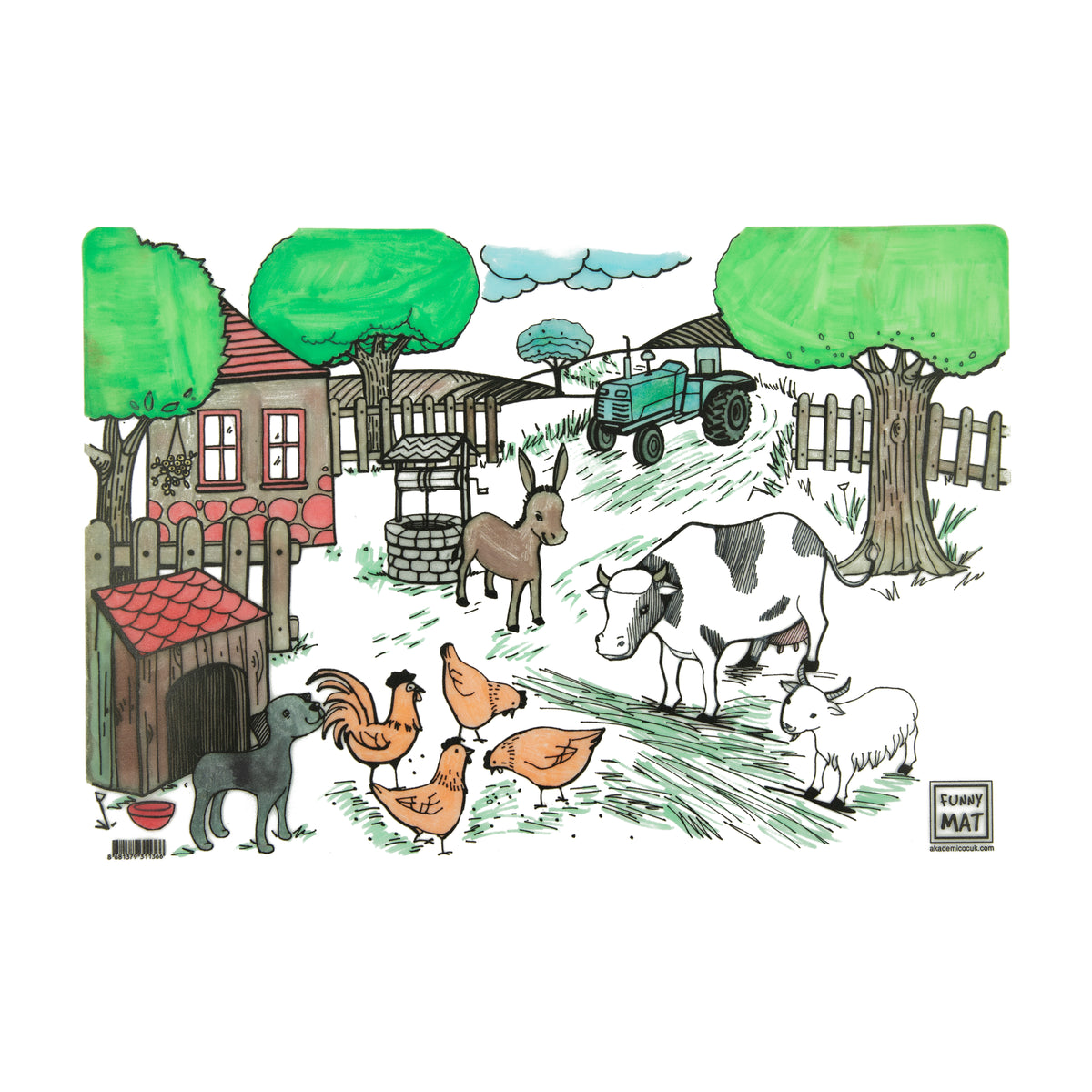 Reusable Colouring Mat - Farm Life coloured in on white background