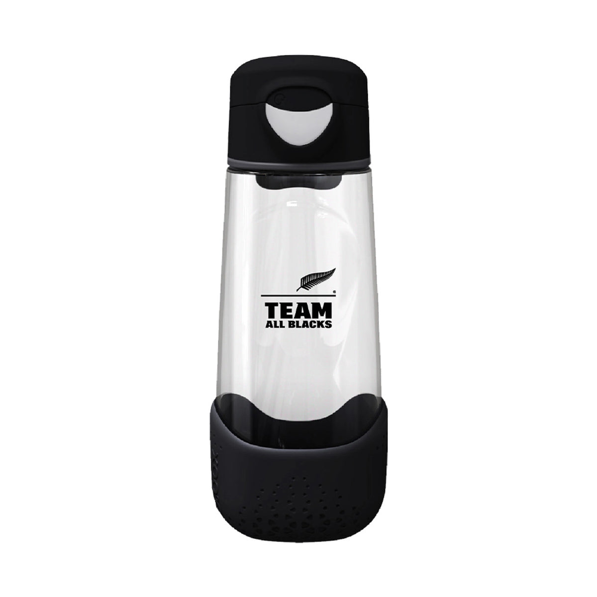 A clear plastic water bottle with a black lid and black silicone base, featuring the 'TEAM ALL BLACKS' New Zealand rugby team logo printed on the front.