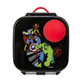 Black mini lunch box with Marvel superhero design and red button on a white background