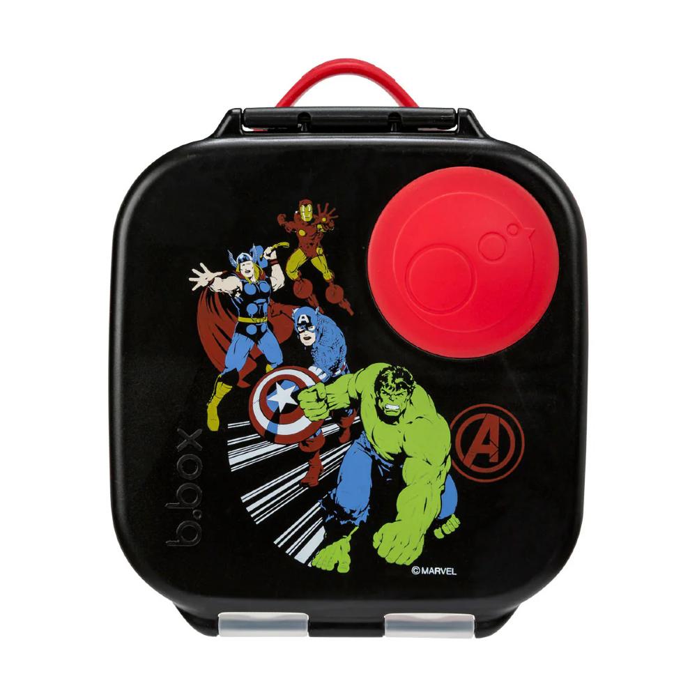 Black mini lunch box with Marvel superhero design and red button on a white background