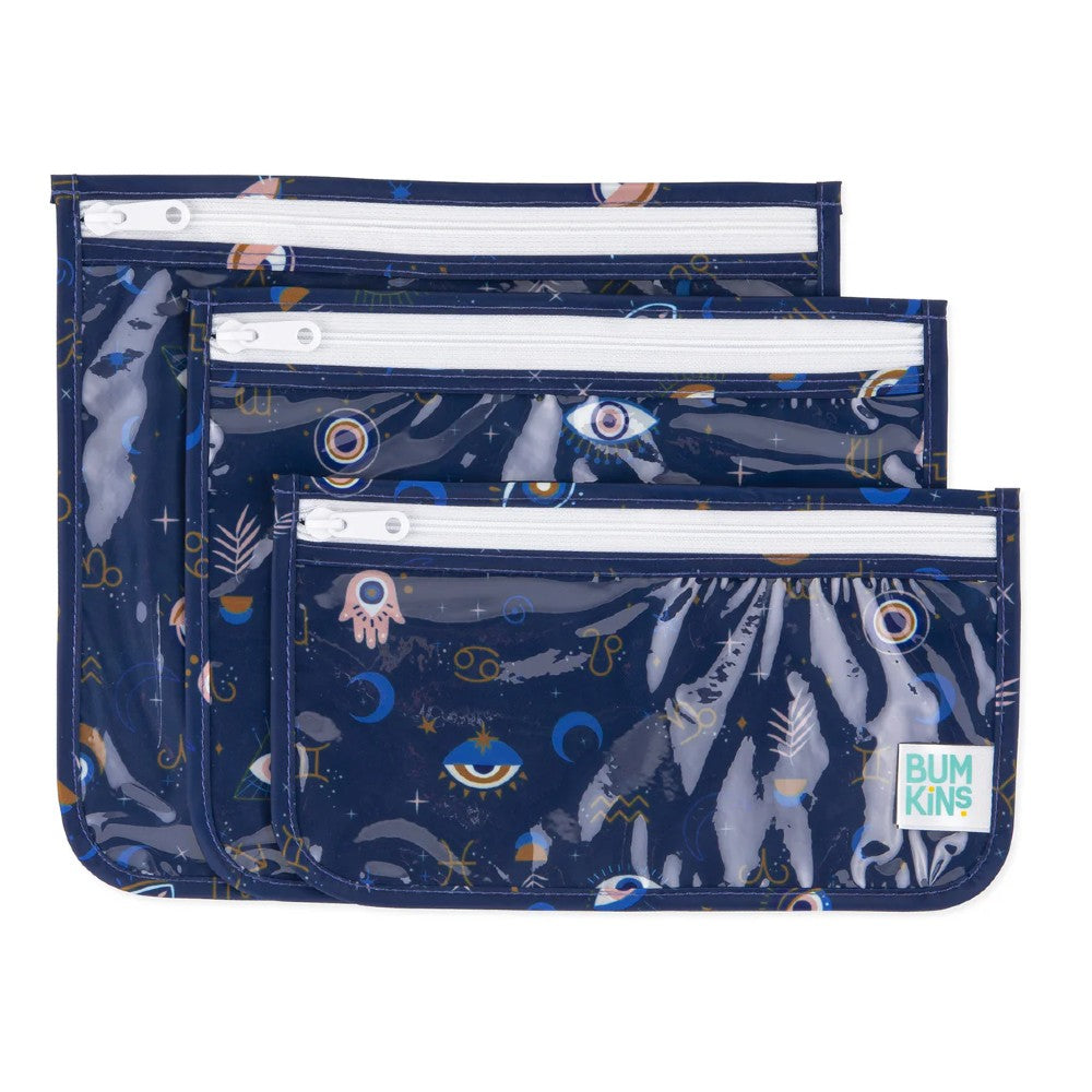 3 clear travel bags with a Evil Eye design on a white background 
