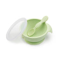 Sage Silicone Feeding Bowl with lid and silicone spoon on a white background