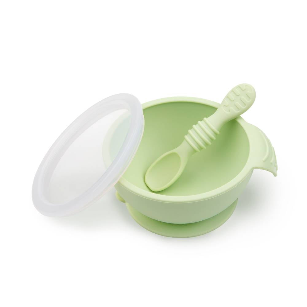 Sage Silicone Feeding Bowl with lid and silicone spoon on a white background
