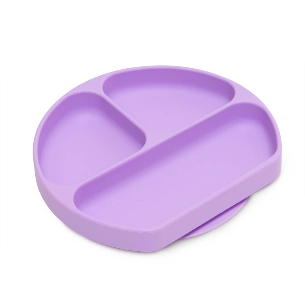 A lilac purple bumkins silicone plate with three sections on a white background