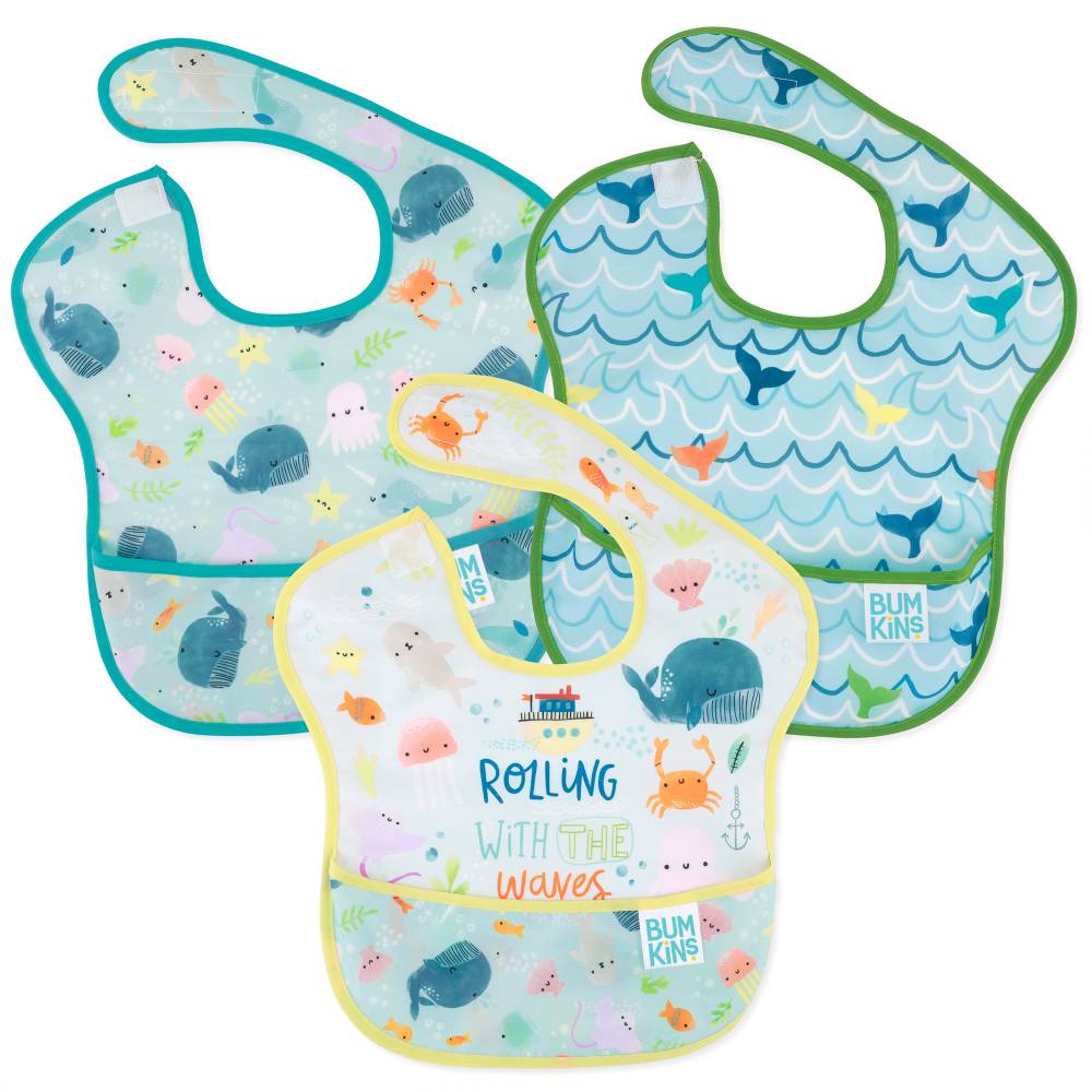 3 waterproof Bumkins bibs in 3 ocean prints on a white background