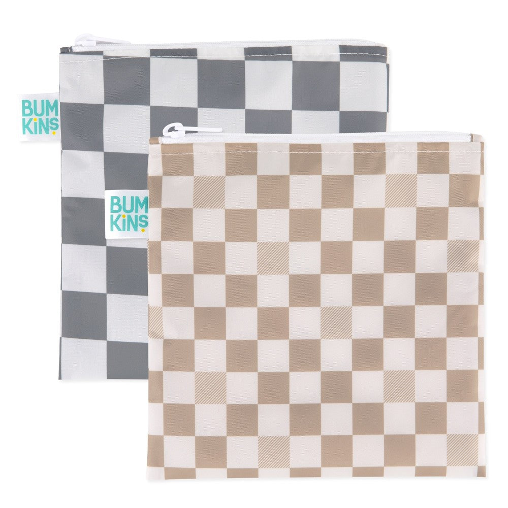 2 Lunch snack bags in beige and grey check design on a white background