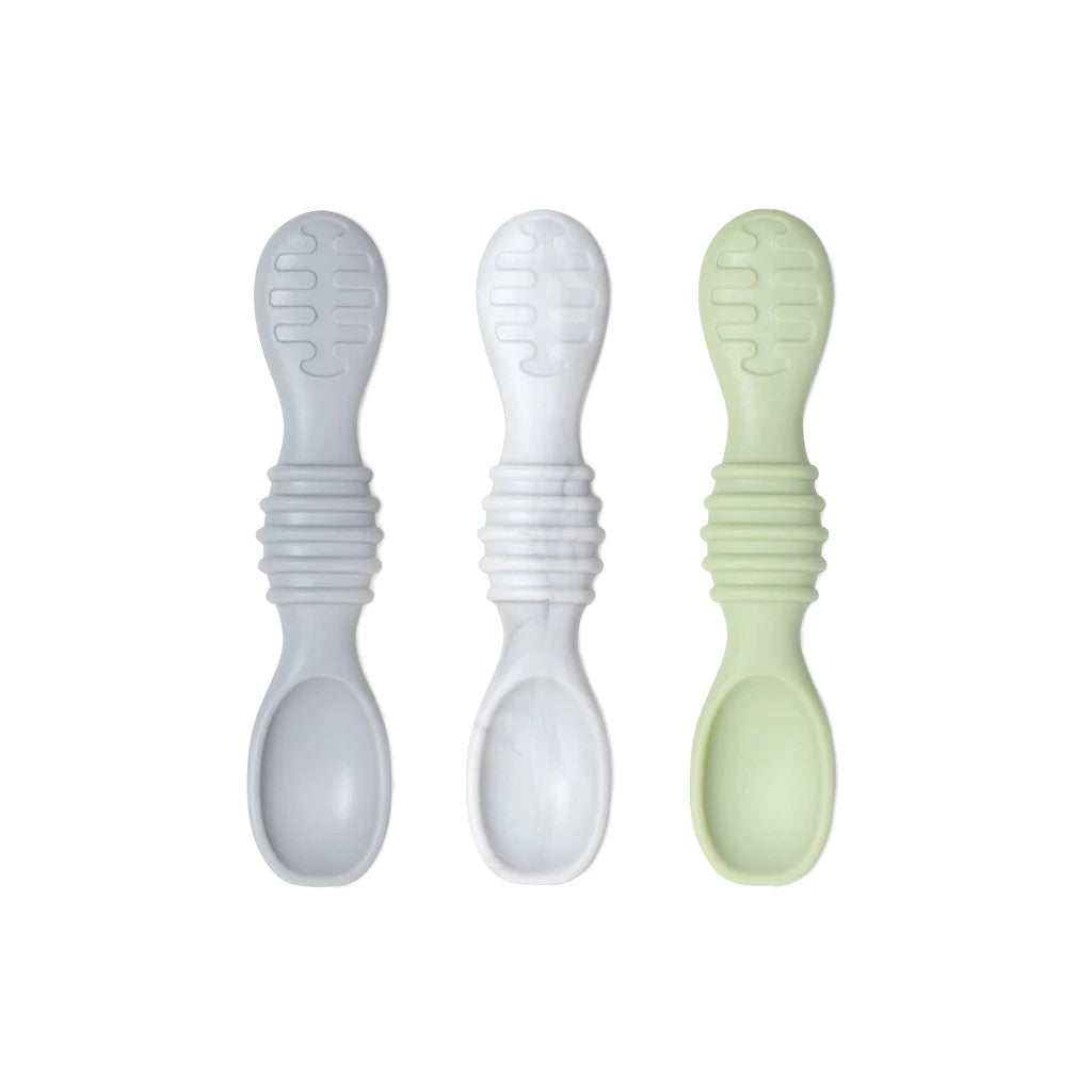 3 silicone spoons in grey and green on a white background