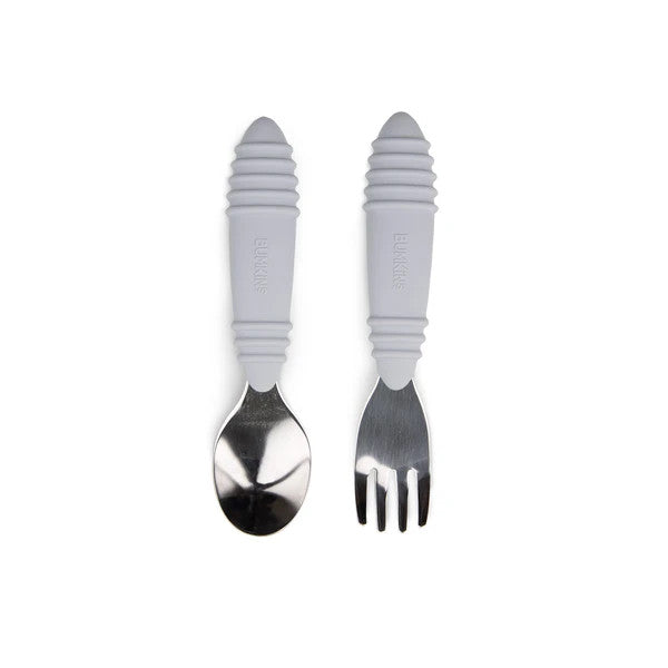 Toddler stainless steel fork and spoon with Grey silicone handle on a white background
