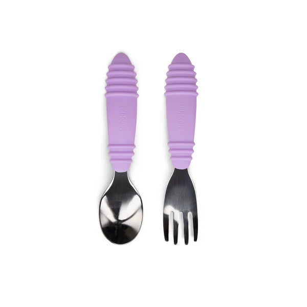 Toddler stainless steel fork and spoon with purple silicone handle on a white background