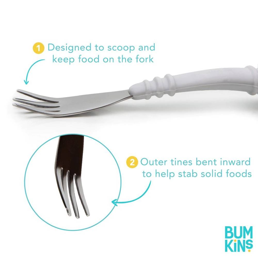 Stainless steel spoon and fork with marble silicone handles on a white background