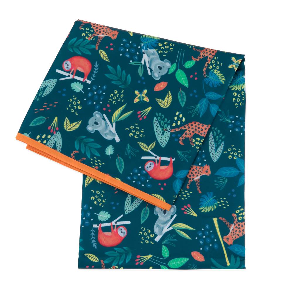  A bunkins splat mat with navy blue background and jungle animal pattern and orange piping on a white background