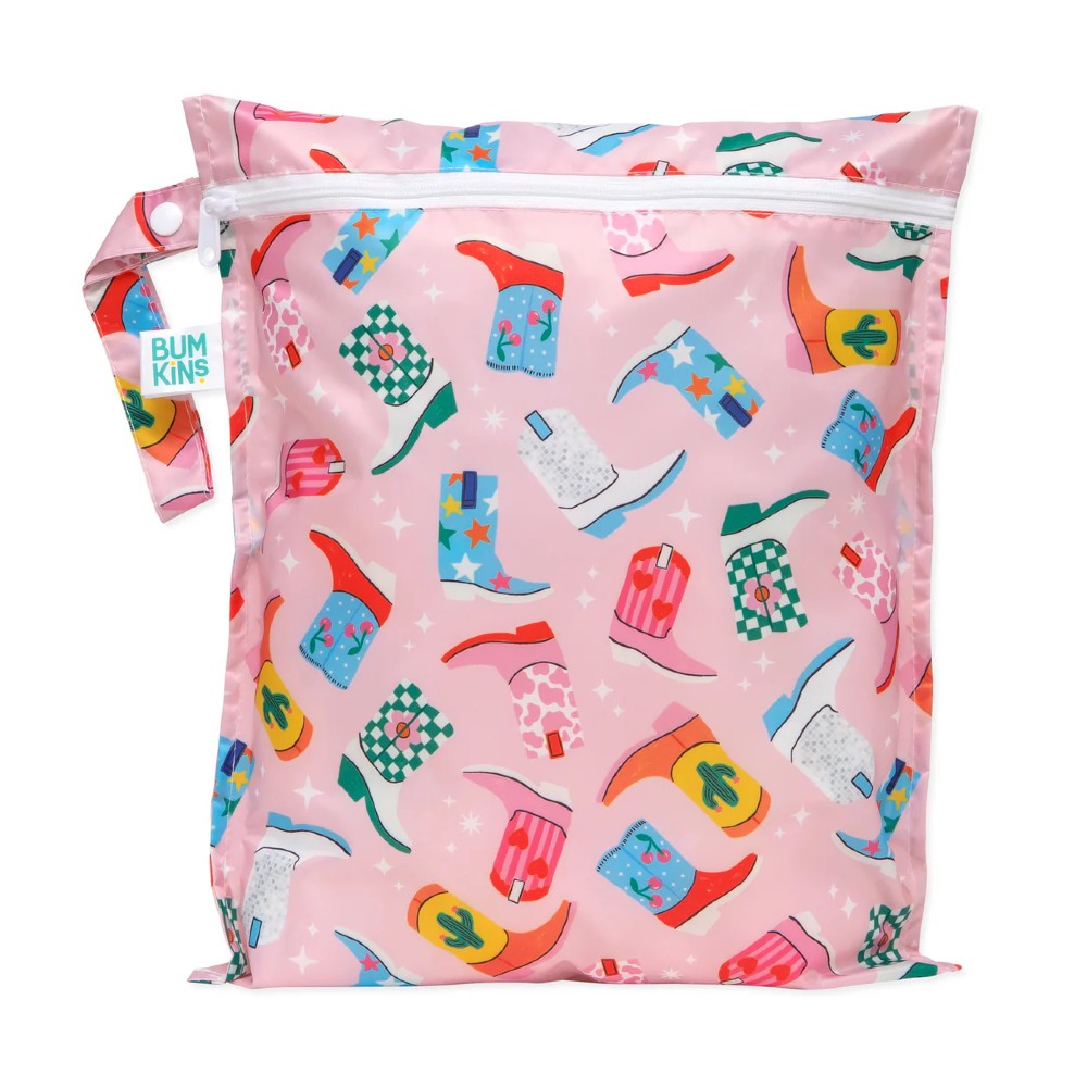 Bumkins wet bag with a pink boots design on a white background